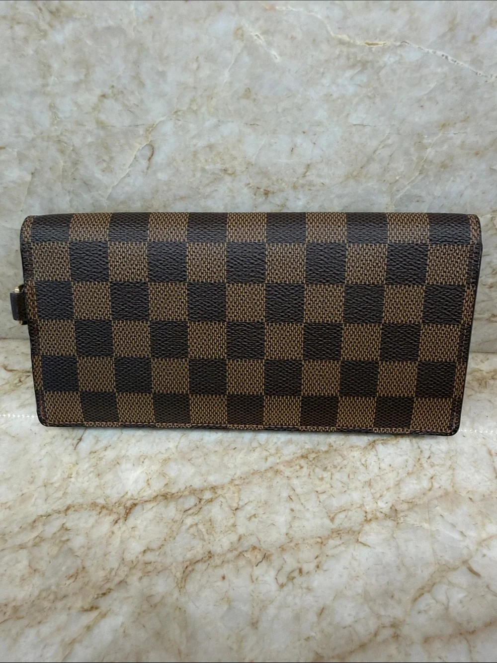 Louis Vuitton Brown Damier Ebene Check Fold-Over Wallet with Gold Hardware